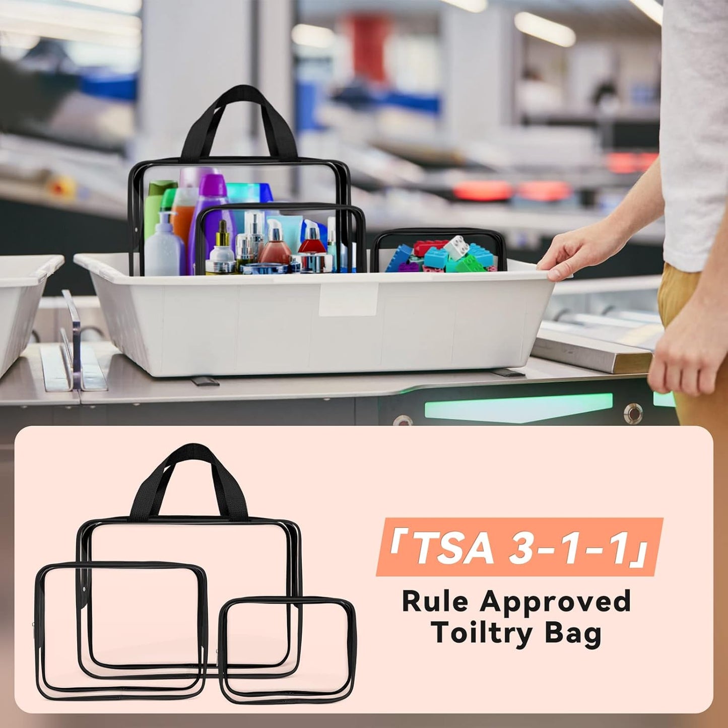 TISRATOK 10 PCS Clear Travel Makeup Toiletry Bag, Plastic PVC Cosmetic TSA Approved Organizer Kit with Zipper Handbag（Black）