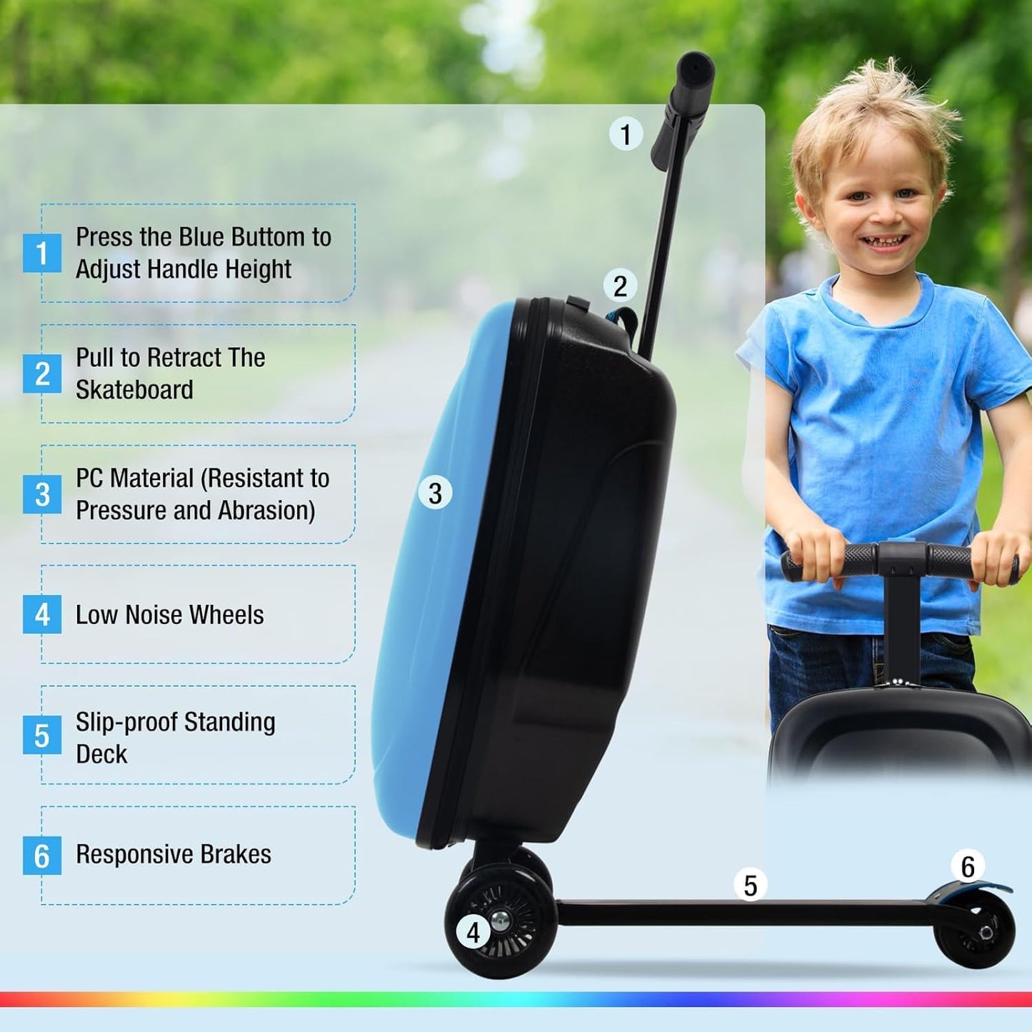 20" Scooter Suitcase for Kids, 2-in-1 Ride On Luggage with Wheels for Boys & Girls Ages 4-15, Foldable Hardshell Carry On Lightweight Travel Suitcase for Airplane