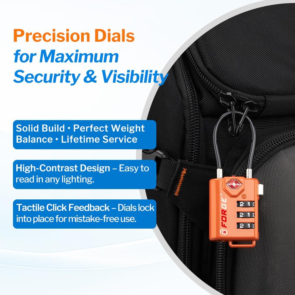 TSA Approved Cable Luggage Locks, Re-settable Combination with Alloy Body, Orange 2 Locks.