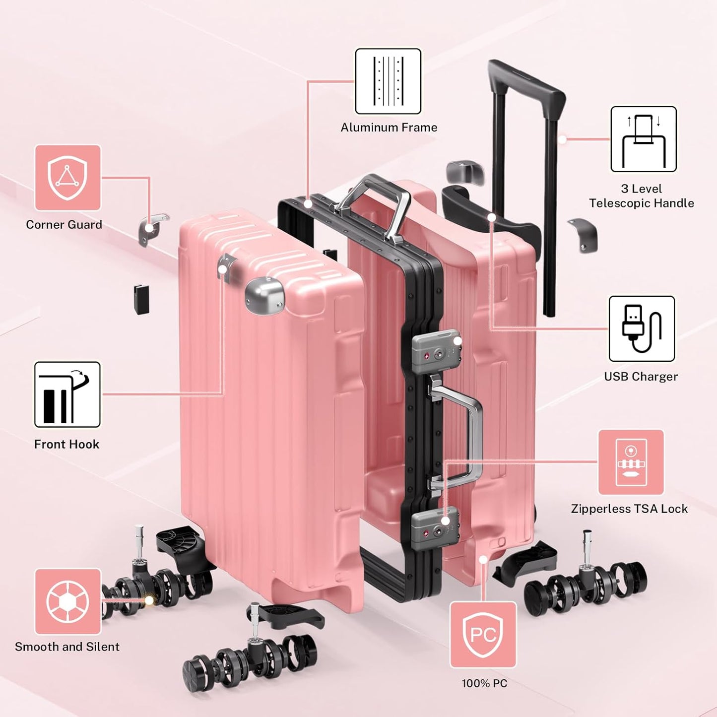 Krute Large Luggage 28 inch Zipperles Suitcase With Spinner Wheels USB Charger Hardside PC Aluminum Frame Luggages Checked Suitcases with TSA Lock (1 Piece)