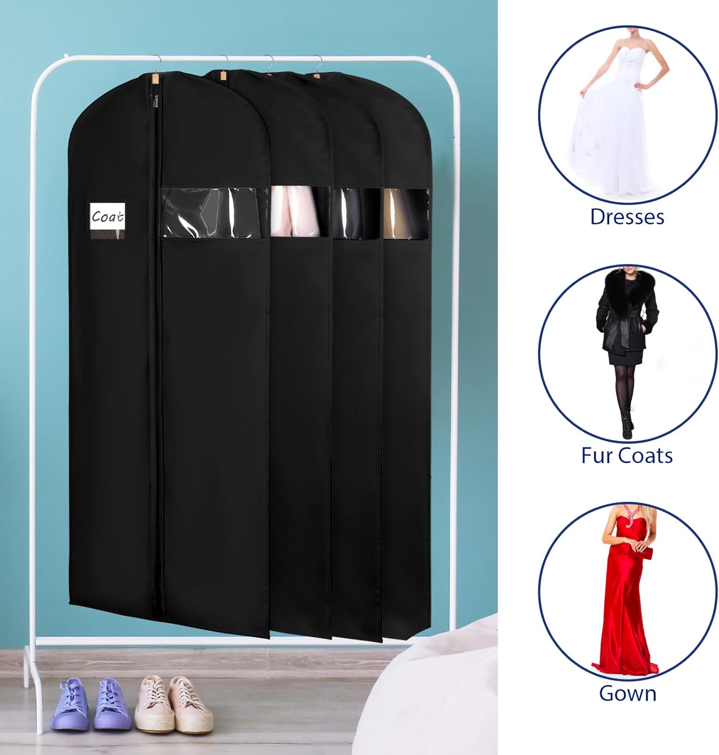 Syeeiex 60'' Garment Bags for Hanging Clothes, Set of 8 Dress Bags for Gowns, Dress Garment Bags for Gowns, Evening Dresses, Fur Coat, Long Dress(Black)