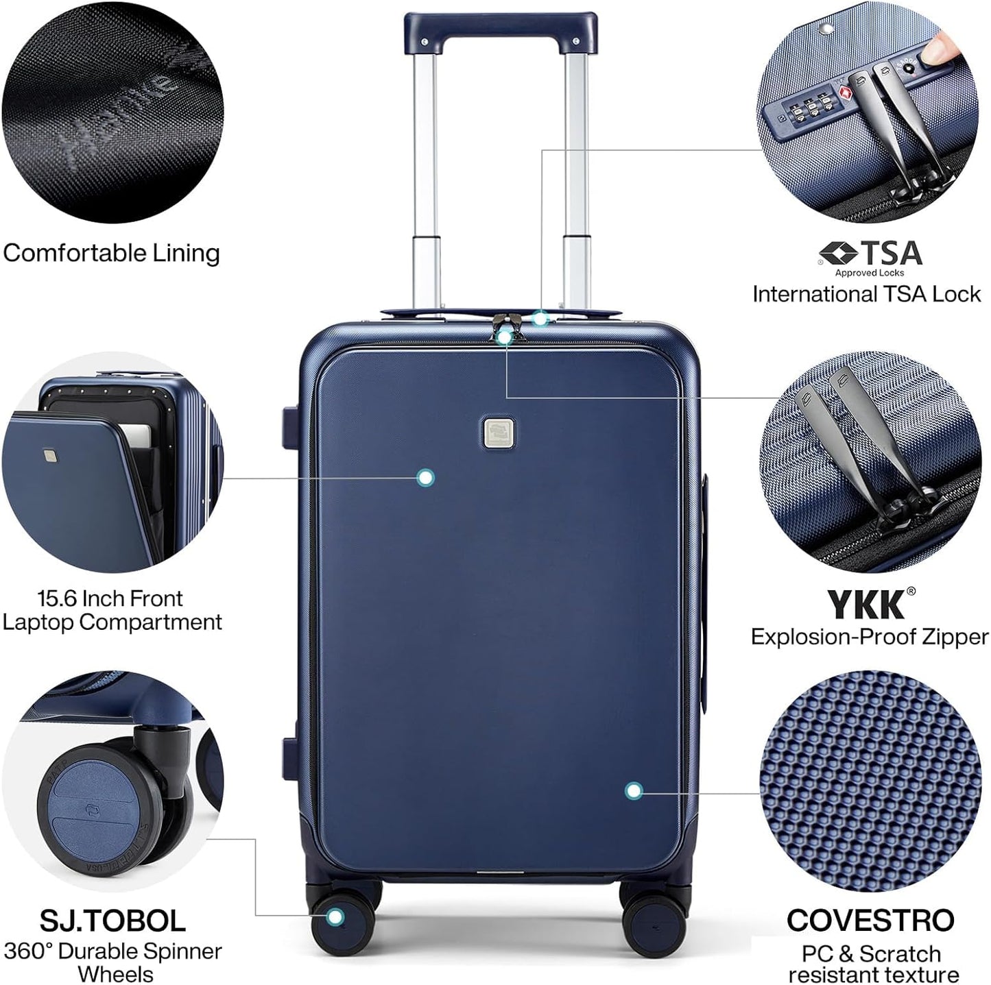 Hanke 20 Inch Carry On Luggage with Front Pocket Aluminum Frame, Hard Shell Suitcases with Wheels, Rolling Luggage, Suitcase with Lock, Travel Luggage for Weekender, Dark Blue