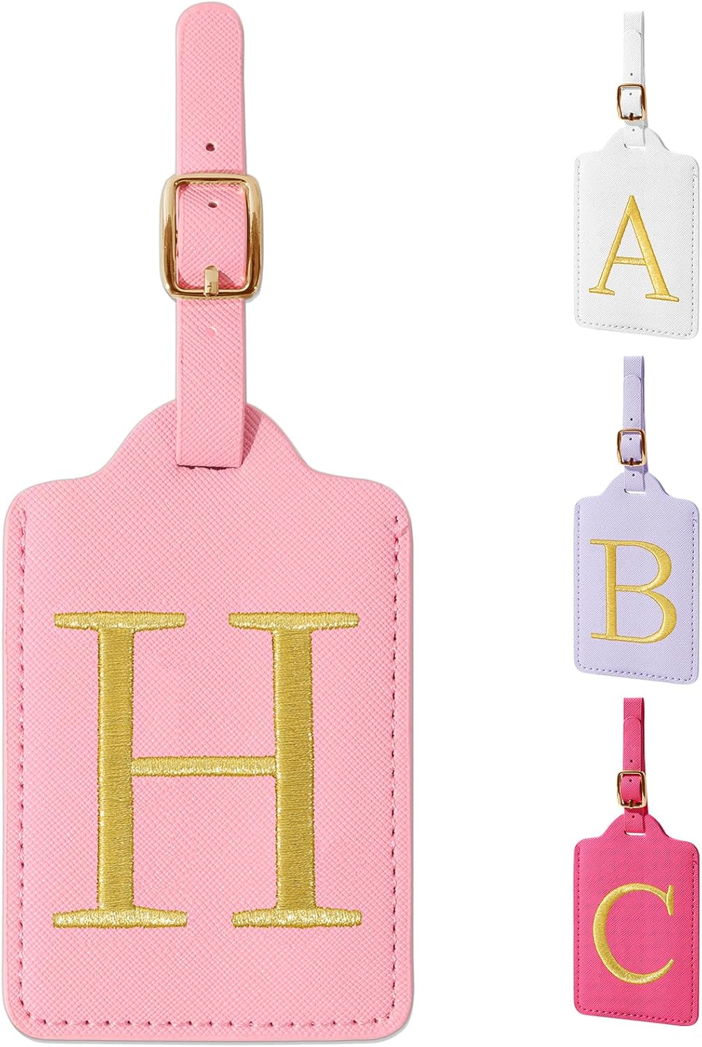 Personalized Initial Luggage Tags for Suitcase, Pink Leather Cute Luggage Tags with Privacy Cover Name Card, Embroidered Custom Monogrammed Luggage Tag Travel Bag Baggage Tags Gifts for Women Kids(H)