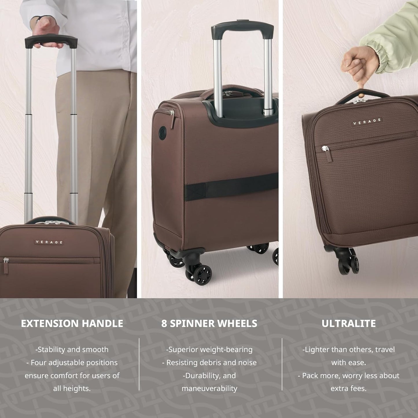 Verage Underseat Carry On Luggage with Wheels, 14.5-Inch Spinner Small Suitcase, Softside Lightweight Travel Bag for Men and Women, Airplane Carry On Bag, Chestnut Brown