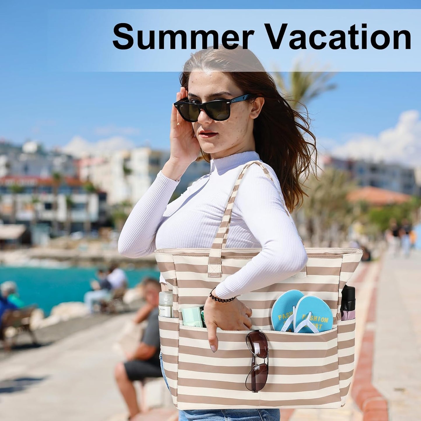 LEDAOU Large Beach Tote Bag Women Waterproof Sandproof Zipper Beach Tote Bag for Pool Gym Grocery Travel with Wet Pocket