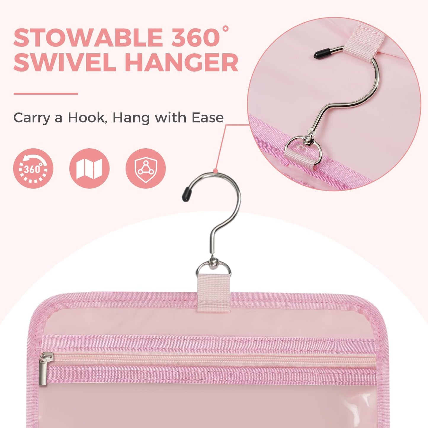 Toiletry Bag For women,Portable Hanging Organizer,4 Leakproof Compartment for full-sized Conditioner, Brushes Set, Makeup Accessories,Visible and easy to access.M-light pink