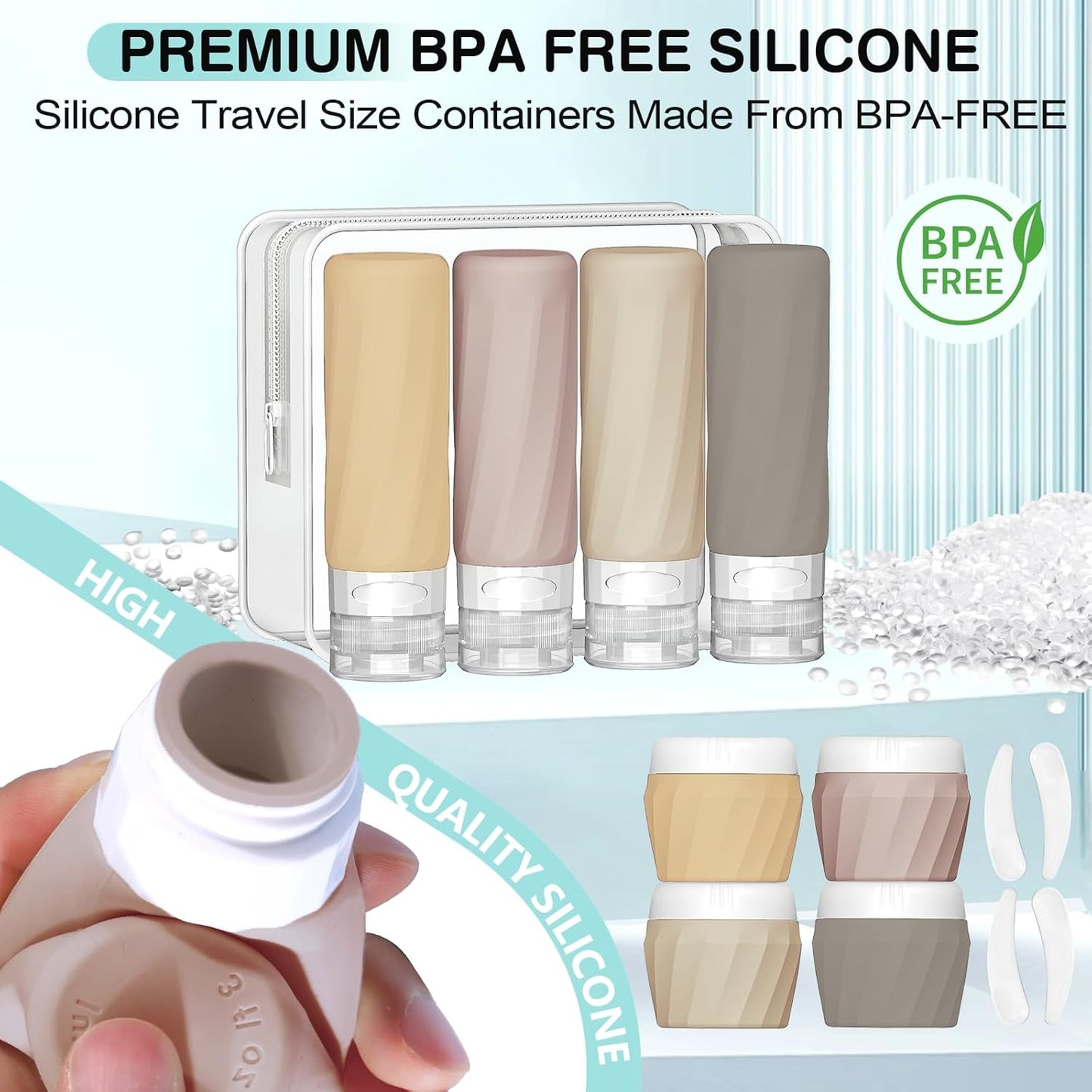 14pack Travel Bottles for Toiletries, TSA Approved Travel Size Toiletries Containers Set, Premium Silicone Leak Proof Refillable Squeezable & Creams jars Accessories Kit W/Clear Bag (Apricot)