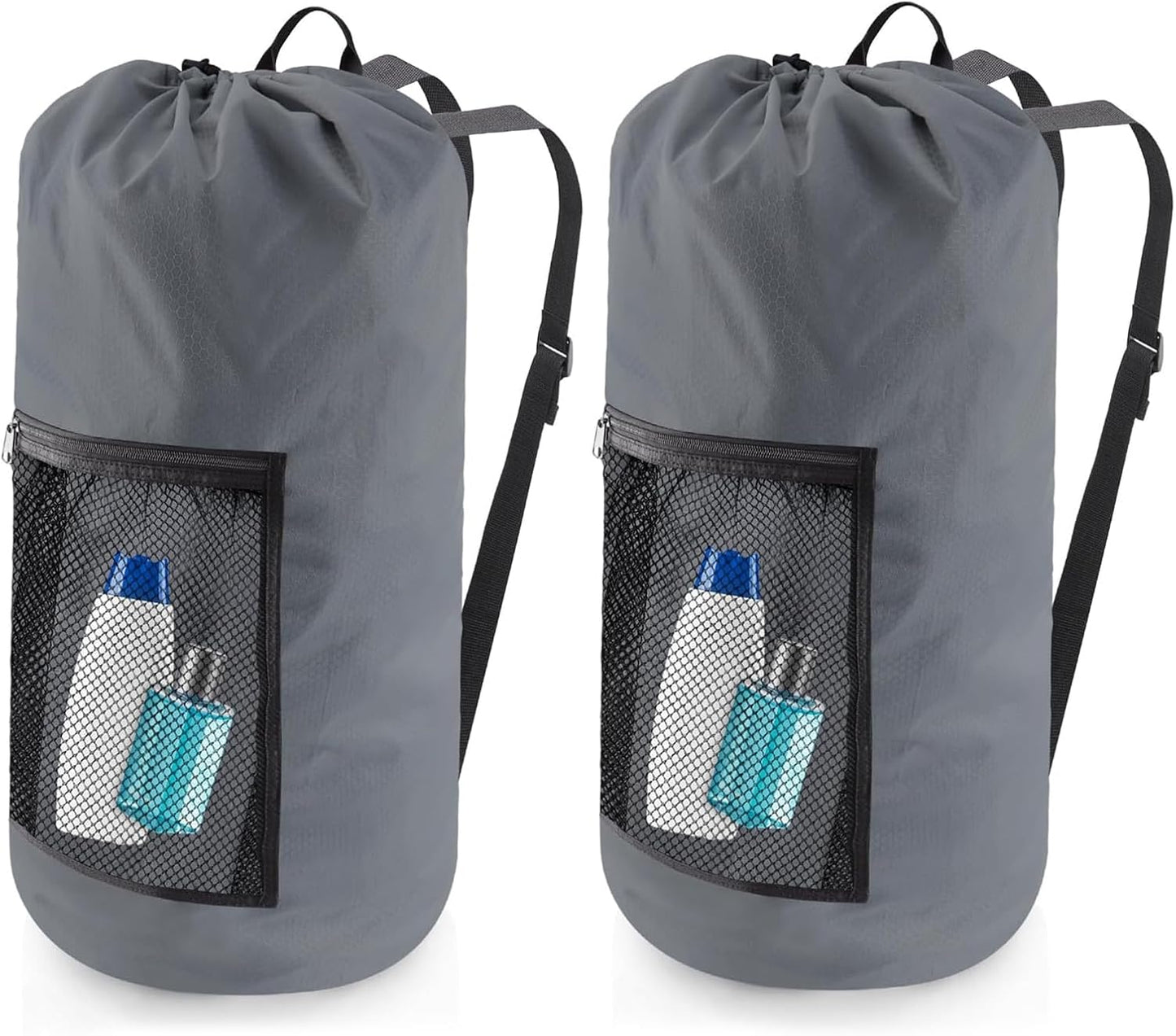 Laundry Bag Backpack, 2PCS Extra Large Travel Laundry Bag with Mesh Pocket & Adjustable Shoulder Straps,Dirty Clothes Travel Bag for College Students Dorm,Apartment(Grey)