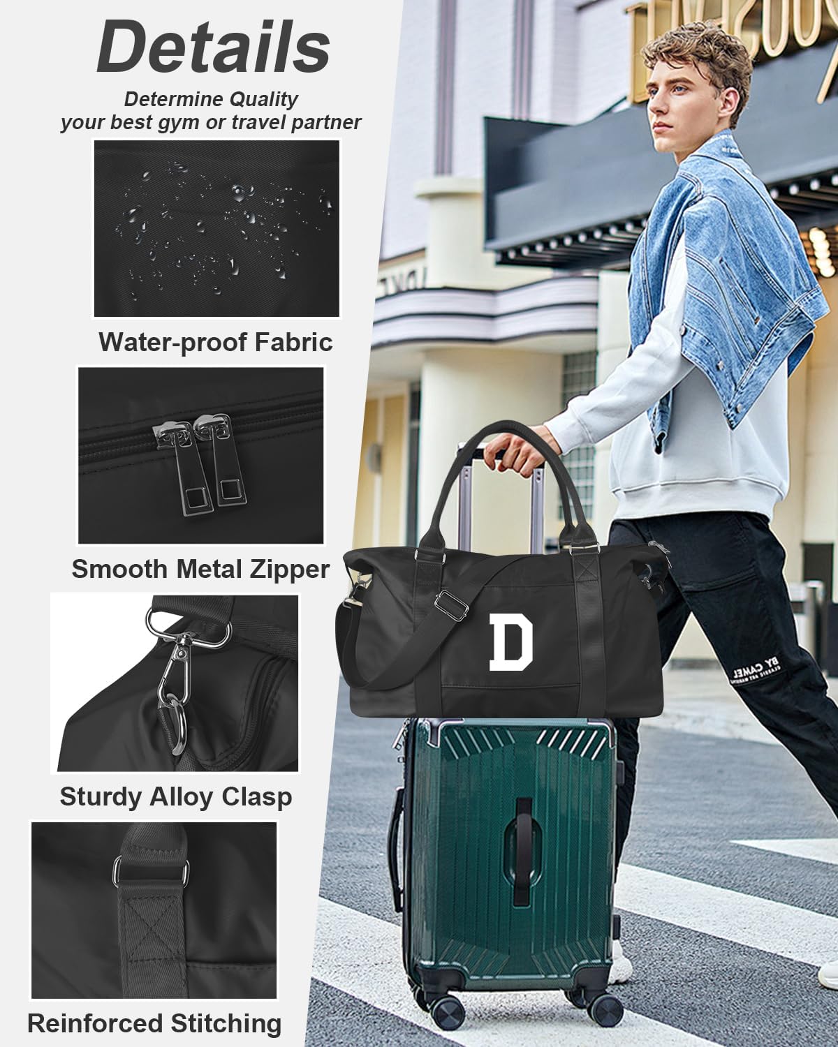 Initial Travel Duffel Bag Sports Gym Bag for Boys Teen Birthday Gifts,Black Personalized Weekender Bag Carry On Tote Bags for Men,Waterproof Overnight Luggage Bag Airplane Travel Essentials(Letter D)