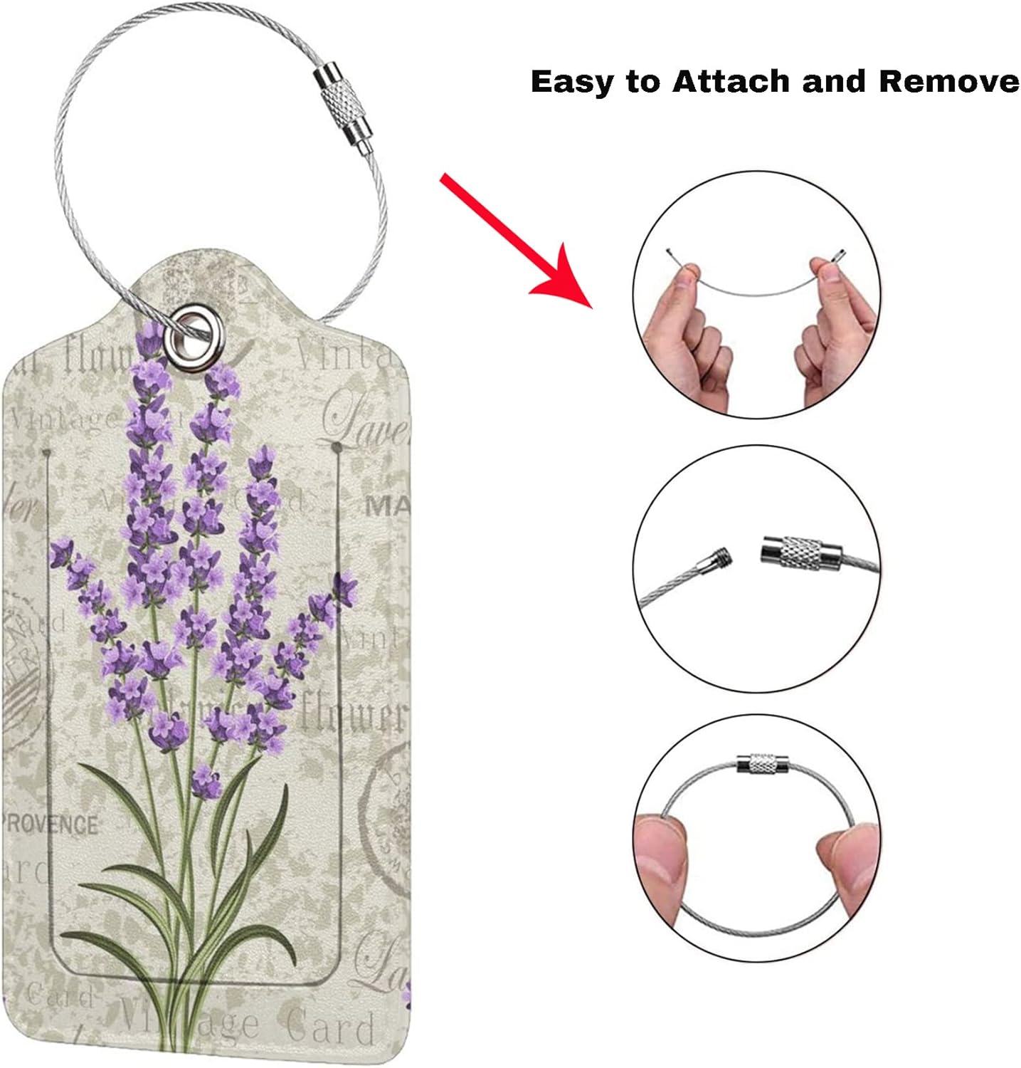 2 Pcs Purple Lavender Luggage Tags for Women Girls Travel, Cute Flower PU Leather Bag Tags Baggage for Suitcases with Stainless Steel Loop & Privacy Name ID Card Cover Identifiers Labels Set