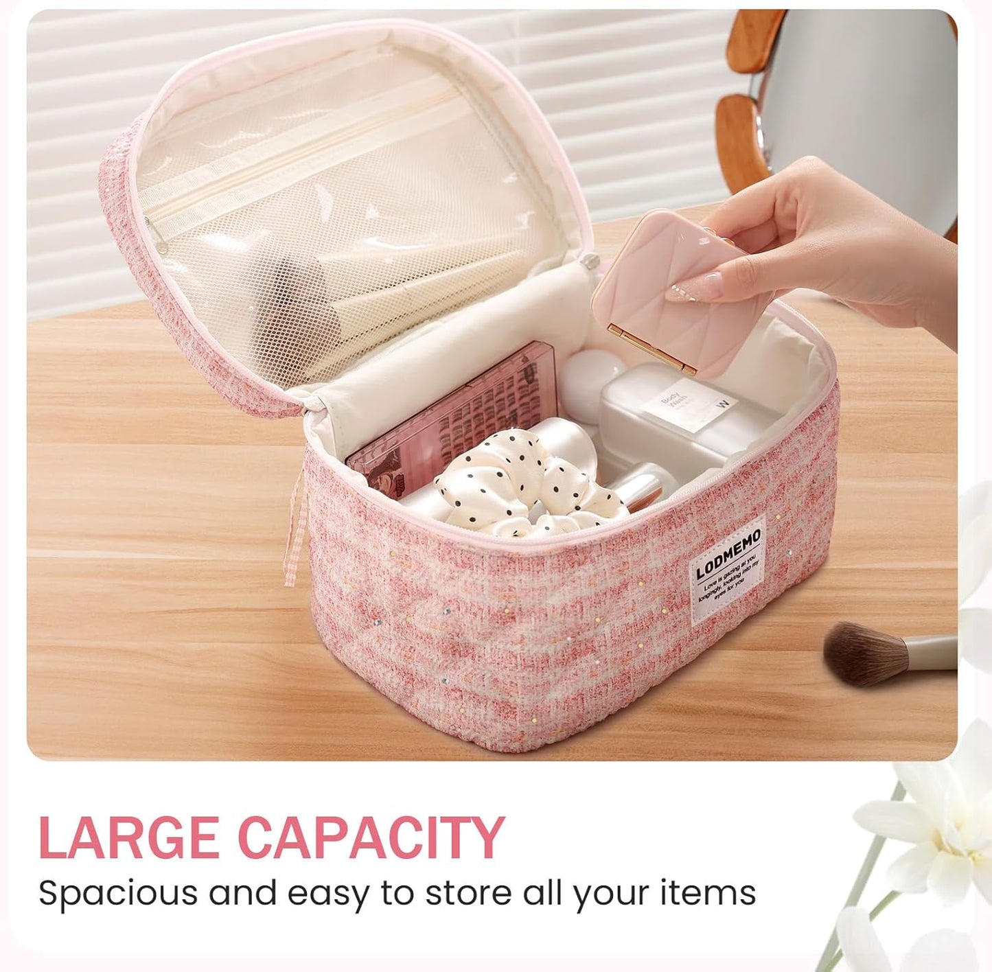 Makeup Bag 3 PCS Quilted Cosmetic Bags for Women, Large Travel Make up Bag Set Cute Cotton Toiletry Bag Organizer Pouch for Purse, Pink