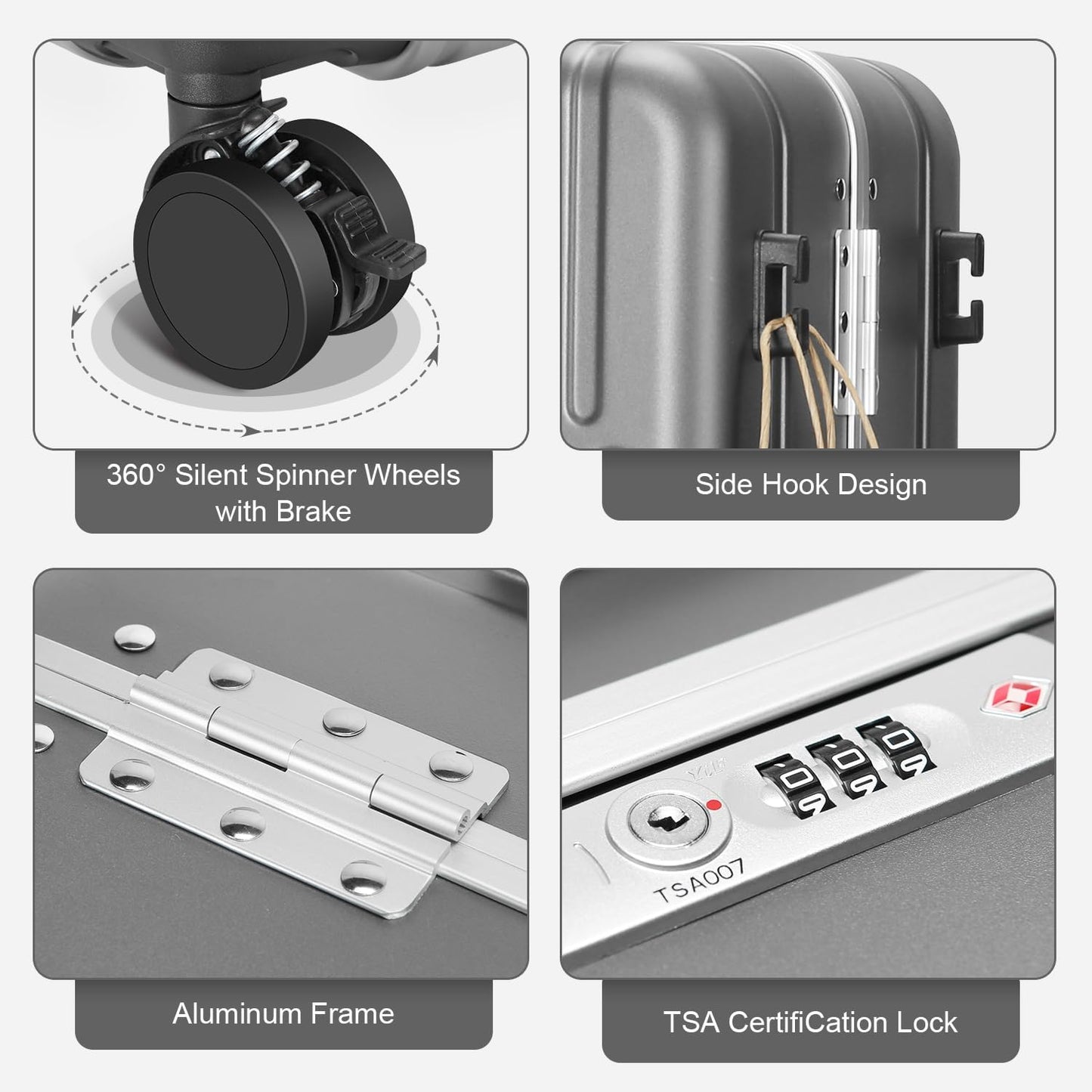 MRPLUM Carry On Luggage Double Handle Suitcase with Net Pocket,Hard Shell Spinner Wheels Luggage with TSA Lock&Seat Belt,20 inch,Grey