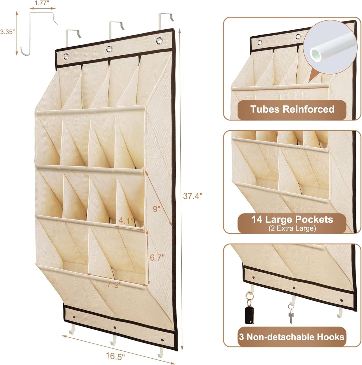 FENTEC 2 Pack Over the Door Shoe Organizer, Hanging Shoe Organizer, 28 Large Deep Pockets Door Shoe Rack with 6 Hooks Shoe Organizer for Shoes, Sneakers, and Home Accessories, Beige