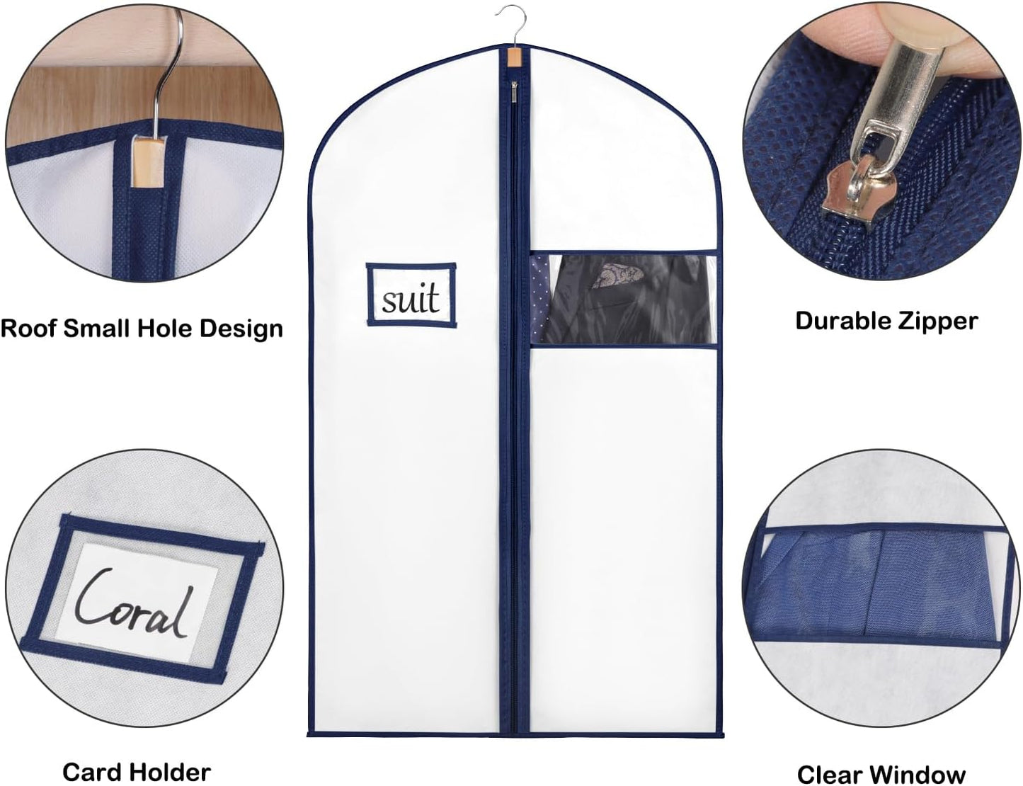 Syeeiex 40" Suit Bag(Set of 8), Garment Bags for Hanging Clothes, Suit Bags for Closet Storage, Garment Bags for Suits, T-shirts, Jackets, Coats, Business Wear(White & Dark Blue)
