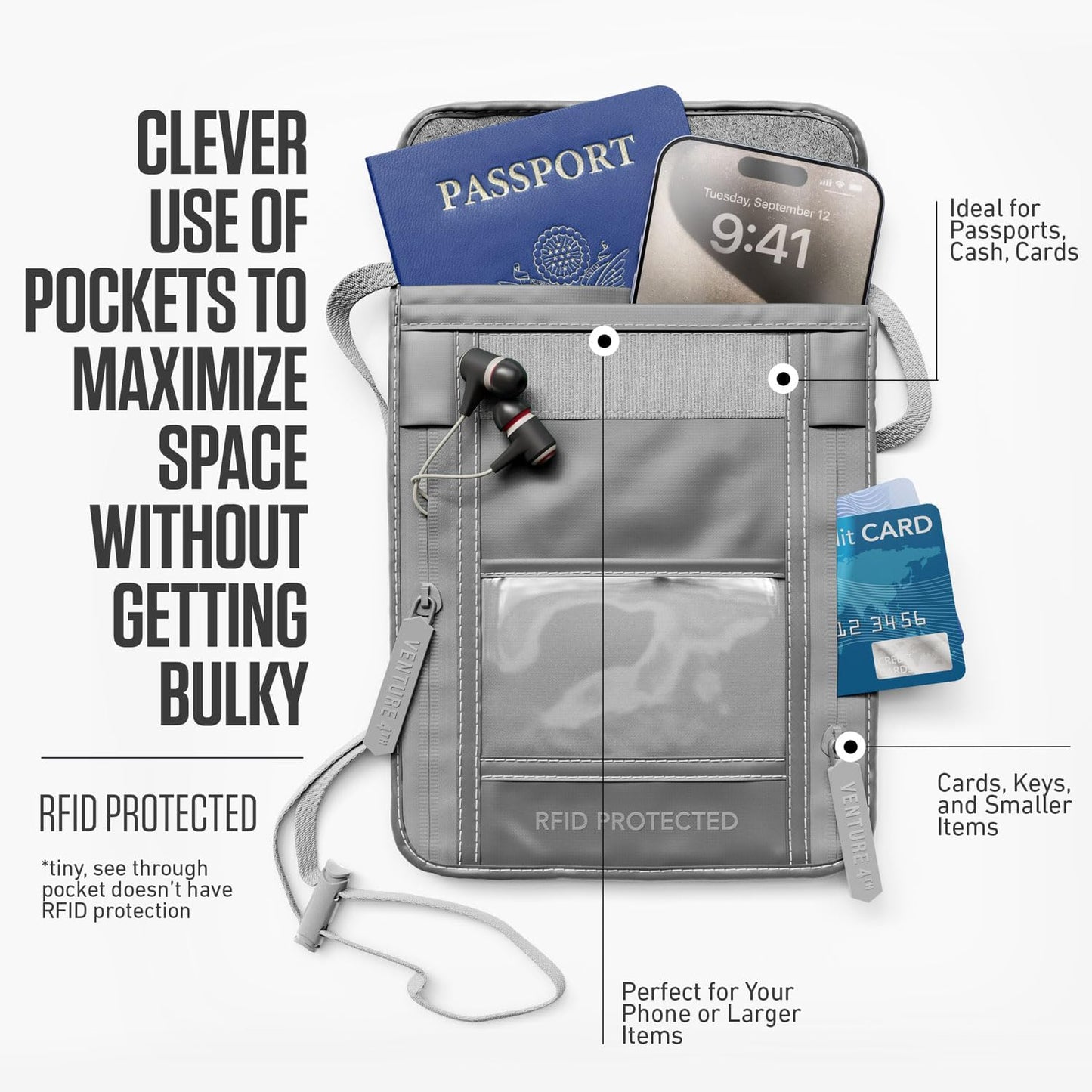 VENTURE 4TH Passport Holder Neck Wallet with RFID Blocking Nylon Lining - Hidden Neck Pouch for Travel (Sleek Silver)