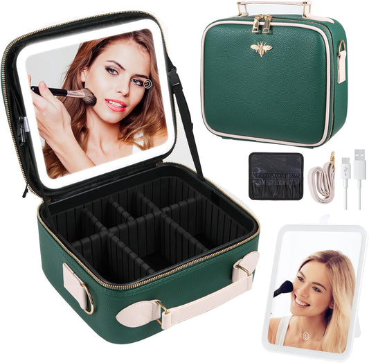 Travel Makeup Bag with Mirror of LED Lighted, Rechargeable Cosmetic Train Case Artist Makeup Organizer for Women with Adjustable Dividers, Makeup Brushes Holder and Strap (Green)