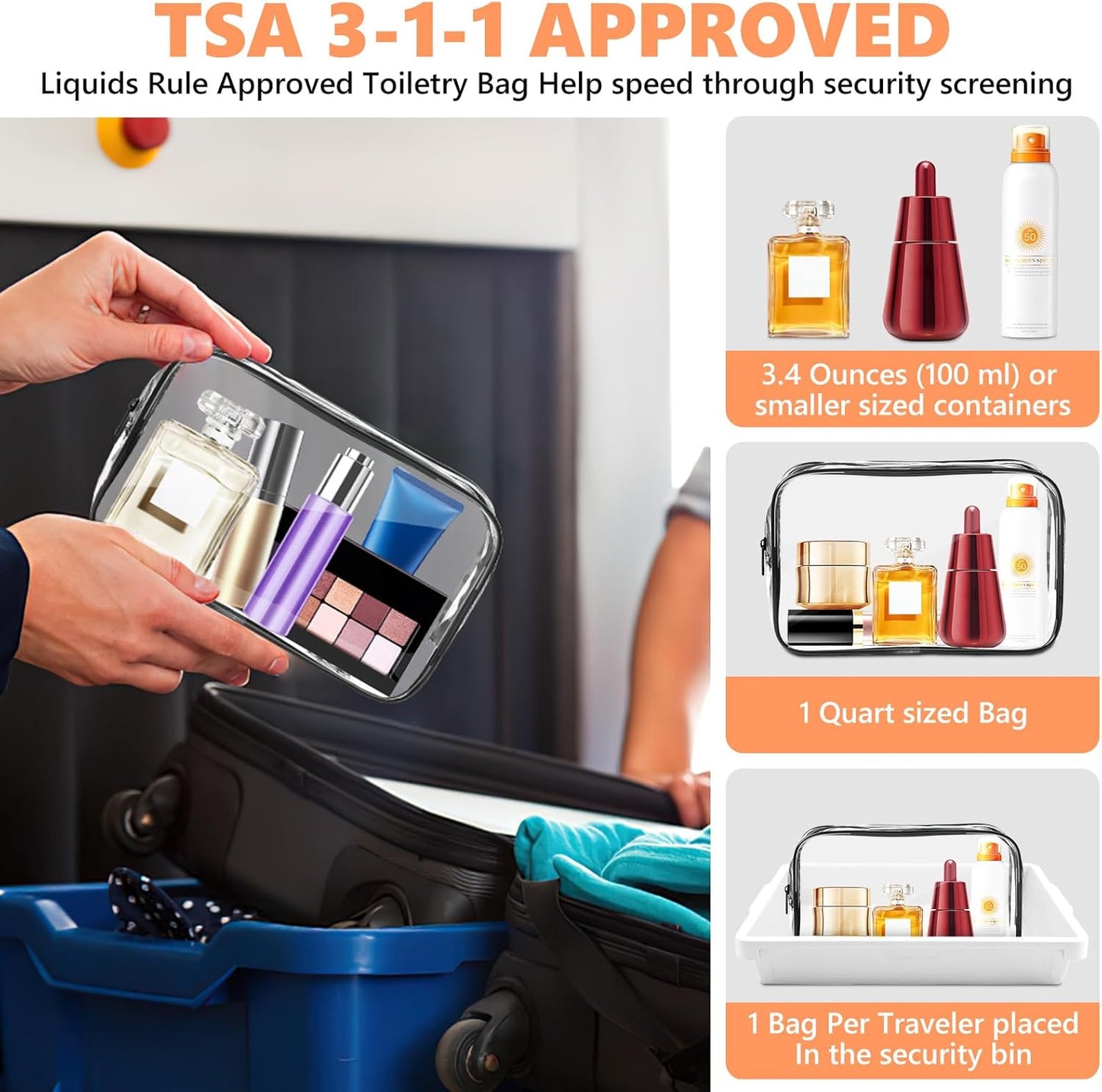 AURUZA 4 Pack Clear Toiletry Bag, Portable Travel Makeup Pouch with Zipper, TSA Approved Organizer, PVC Cosmetic for Airport Airline Compliant