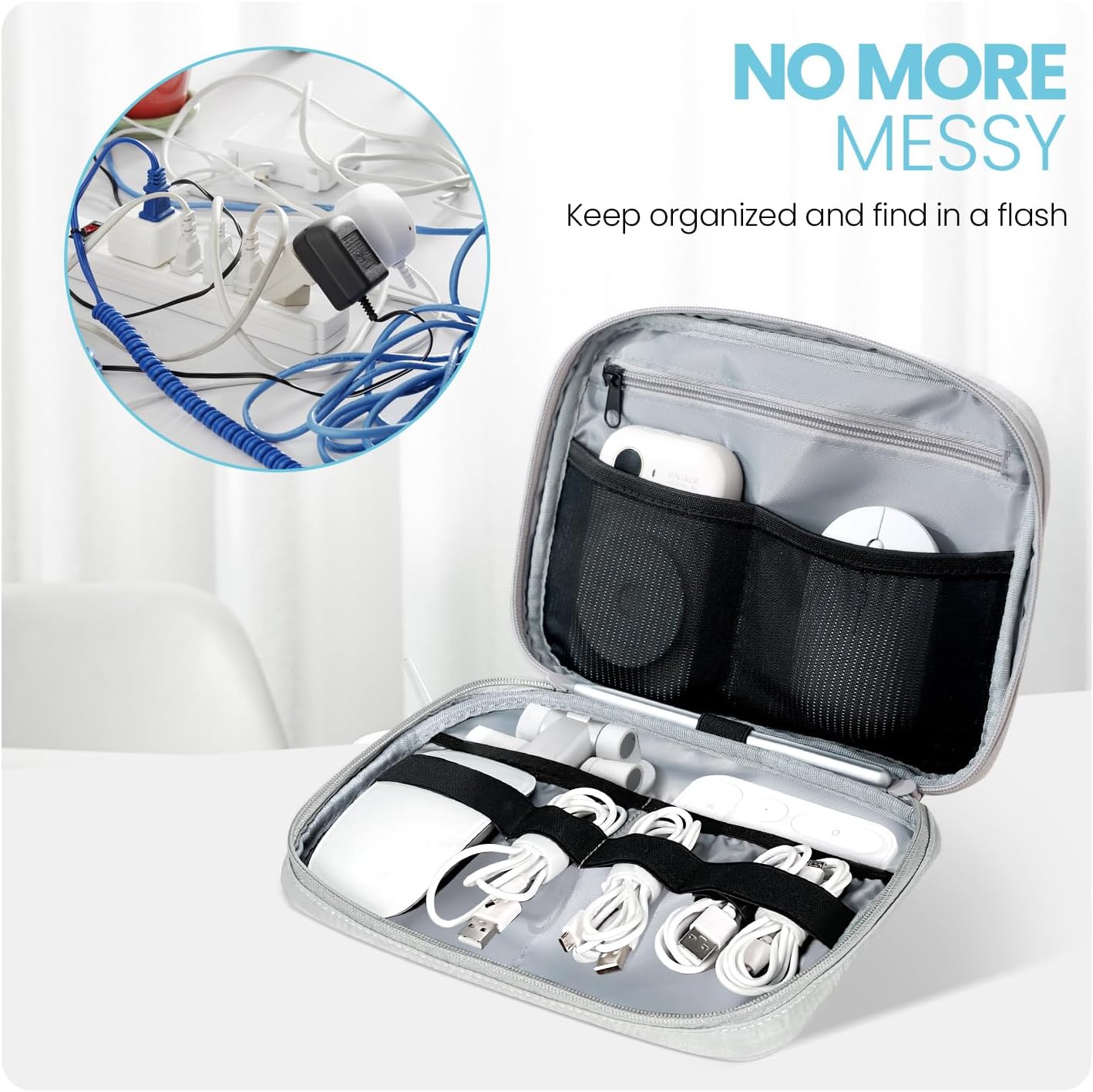 Electronics Organizer Bag, Portable Cable Organizer Case Travel Electronic Accessories Storage Case - Travel storage bag for Cables, Chargers, Phone, SD Cards - Grey