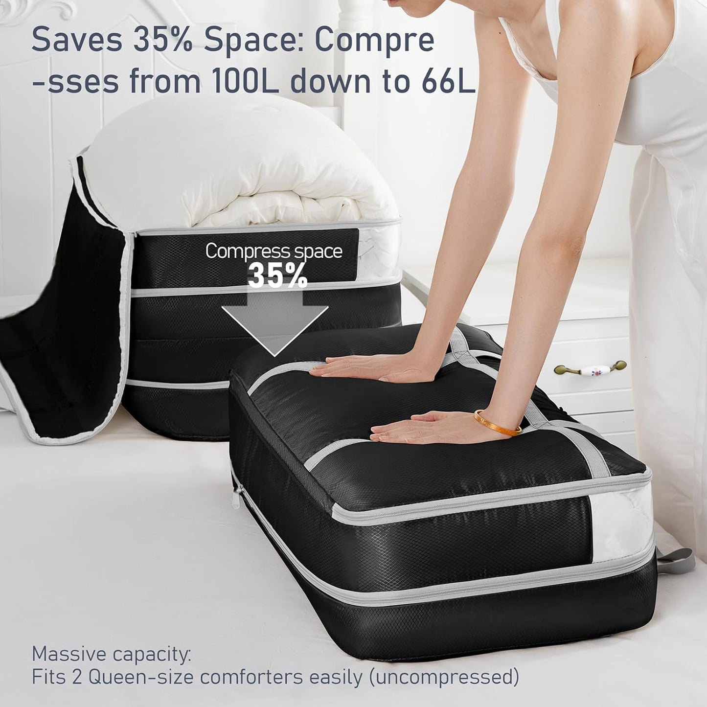 DIMJ Large Comforter Storage Bag with Handls, 100L Washable Blanket Storage, Compression Packing Totes Moving Bags With Zipper, Space Saving Containers For Pillow, Clothes, Bedding, 2 PCS