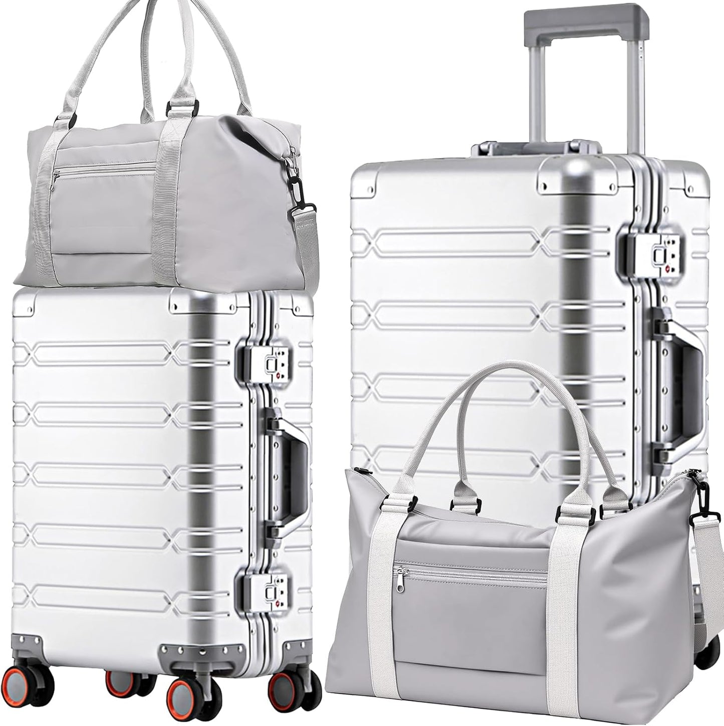 WEICHEN Set of 2 All Aluminum Magnesium 20 in Carry On and 29 in Checked Luggage with Spinner Wheels and TSA Lock, Hard Case Luggage Carry On Travel Suitcase with 2 Duffle-Travel Bags