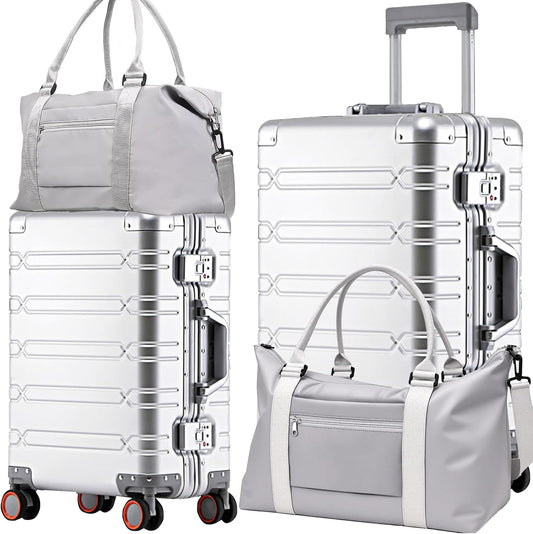 WEICHEN Set of 2 All Aluminum Magnesium 20 in Carry On and 29 in Checked Luggage with Spinner Wheels and TSA Lock, Hard Case Luggage Carry On Travel Suitcase with 2 Duffle-Travel Bags