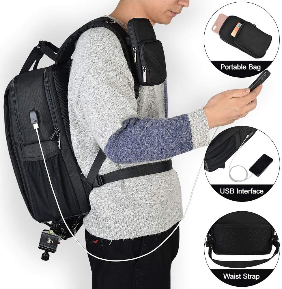 CADeN DSLR Camera Backpack Bag Waterproof Anti Theft with 15.6 inch Laptop Compartment, USB Charging Port, Tripod Holder, Rain Cover, Inner Case, Compatible for Sony Canon Nikon Olympus Black