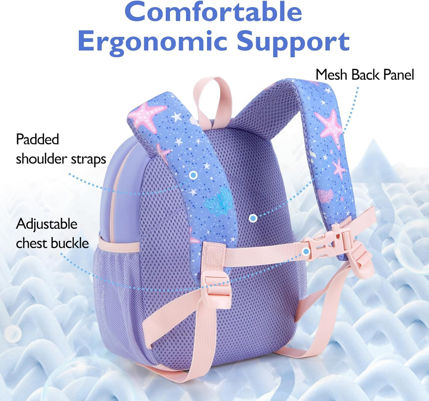 mommore Toddler Backpack for Girls 2-4 Neoprene Backpack with Kids Leash, 3D Cartoon Preschool Kindergarten Bookbag for Pre-k, Mermaid