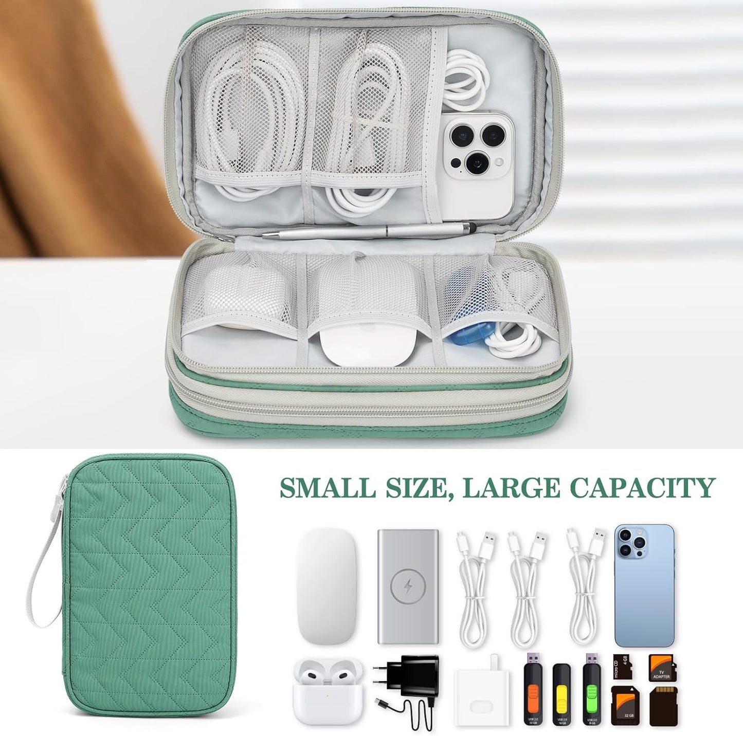 FYY Electronic Organizer, Large Travel Cable Organizer Bag Pouch Electronic Accessories Carry Case Portable Waterproof Double Layers All-in-One Storage Bag for Cable, Cord, Charger, Pattern Green