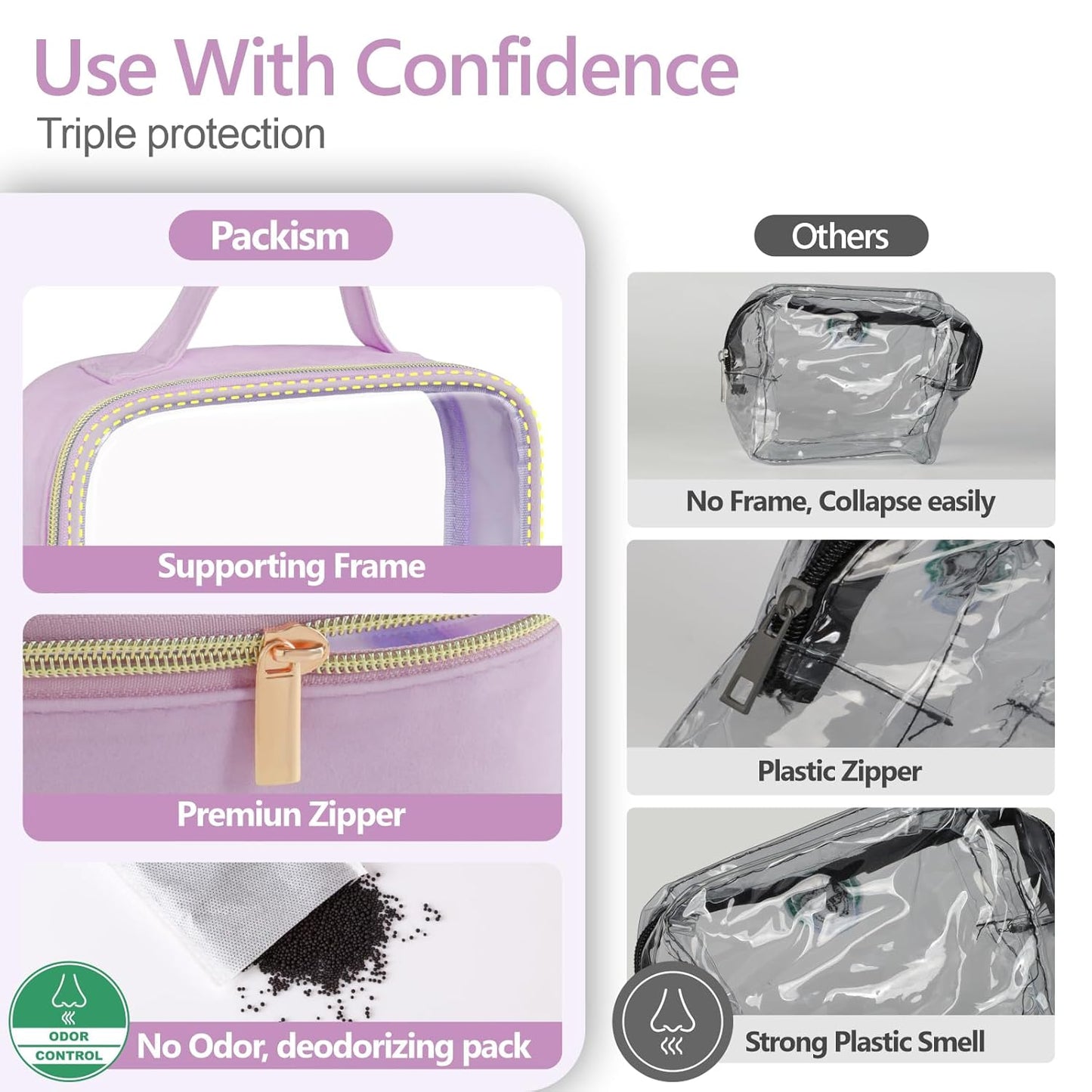 PACKISM Clear Makeup Bag - 2 Pack TSA Approved Toiletry Bag with Handle and 180° Large Opening, Sturdy Clear Toiletry Bag Fit Carry-on Travel Essential, Travel Bags for Toiletries, Purple