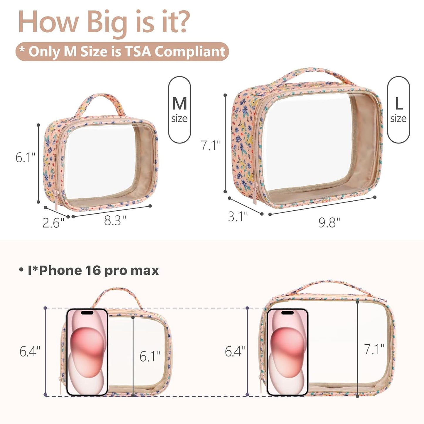 PACKISM Clear Makeup Bag - 2 Pack TSA Approved Toiletry Bag with Handle and 180° Large Opening, Clear Toiletry Bag Fit Carry-on Travel Essential, Travel Bags for Toiletries, Nude Pink Ditsy Floral