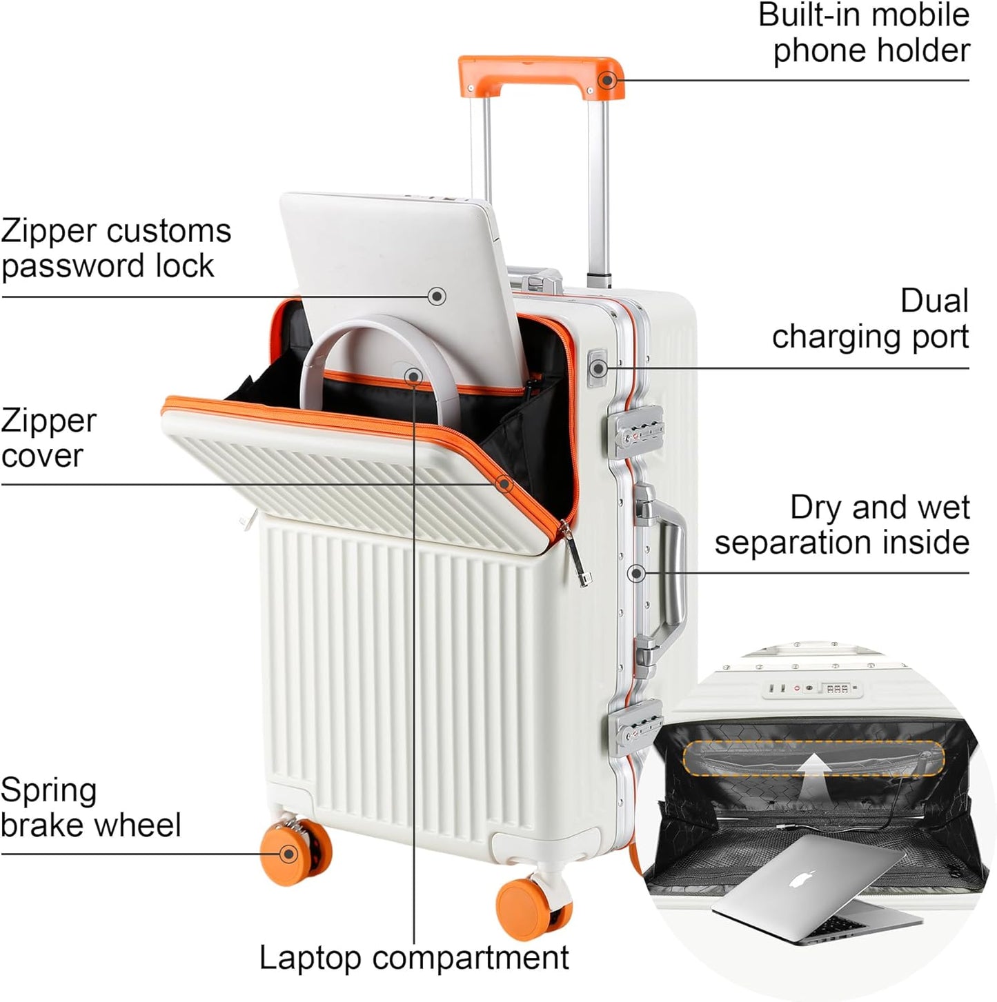 2-Piece Hardshell Zipperless Luggage Set, 20/26" Aluminum Frame Hardshell Spinner Luggage, Airline Approved Carry-On Luggage, TSA Lock, 360° Quiet Wheels With Cup Holder (orange)