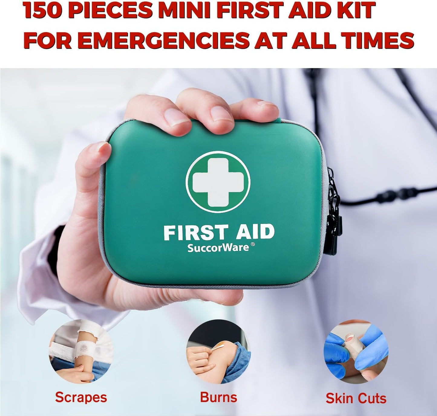 150 Pieces Mini First Aid Kit - Small Medical Kit with Hard Shell - Emergency First Aid Kit for Car, Travel, Home, Outdoor, Office, Camping, Hiking (Green)