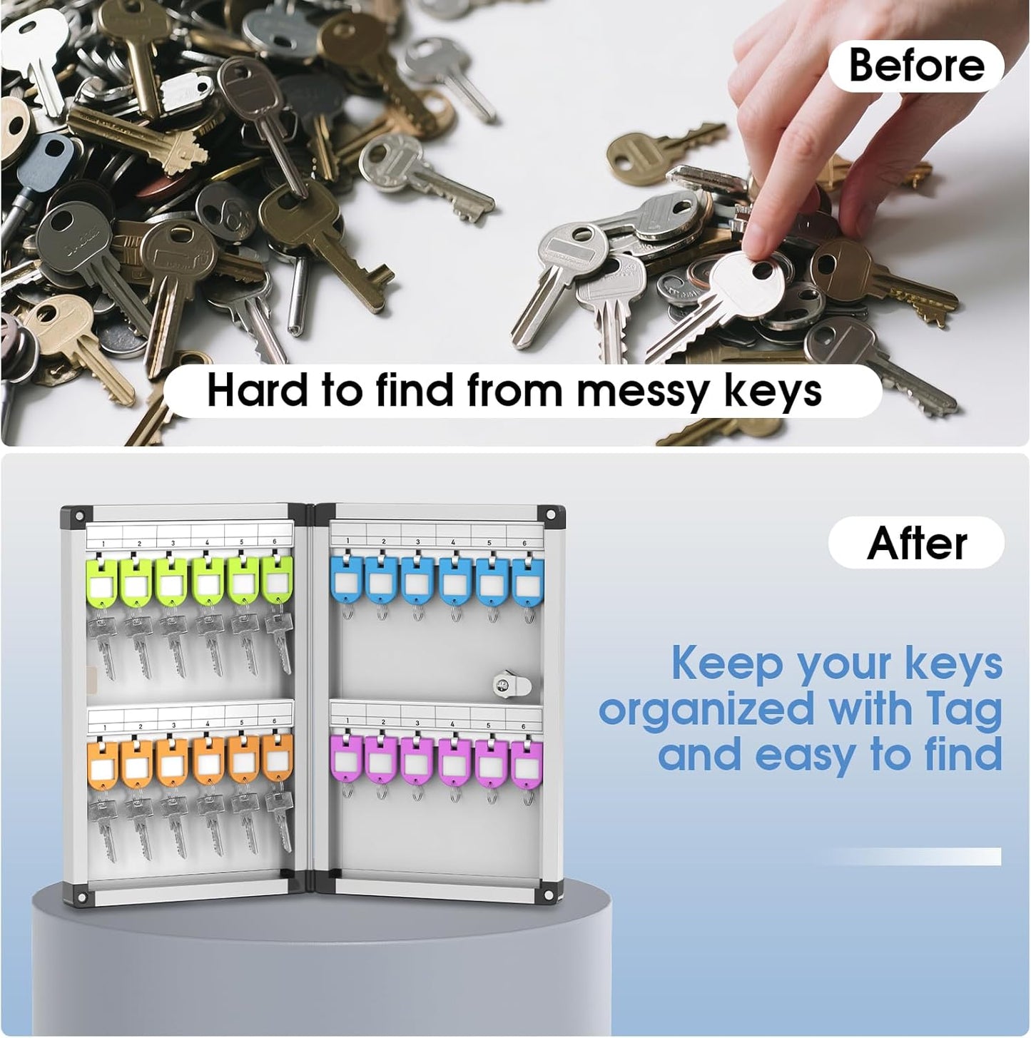 24 Slots Lock Box for Keys Wall Mount, Locking Key Cabinet, Key Storage Box with Key Hooks & Tags & Lables, 8.45" x 2.55" x 13" (Black-Key Lock, 24 Keys)