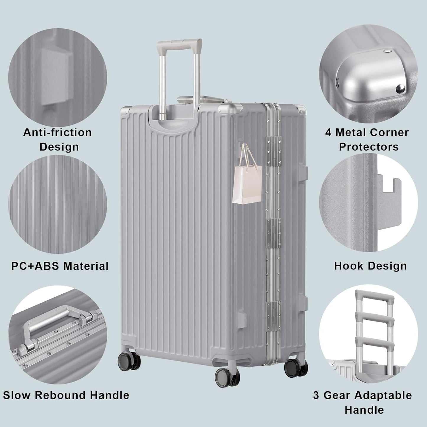 AnyZip Carry On Luggage PC+ABS Aluminum Frame Zipperless Luggage Hard Shell Suitcase with TSA Lock Double Spinner Wheels 20 Inch Silver