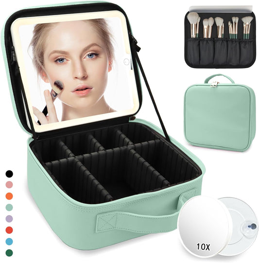Travel Makeup Bag,with Mirror 3 Color Setting and Detachable 10x Magnifying Mirror Travel Makeup Bag,Portable Storage and Adjustable Dividers （light green）