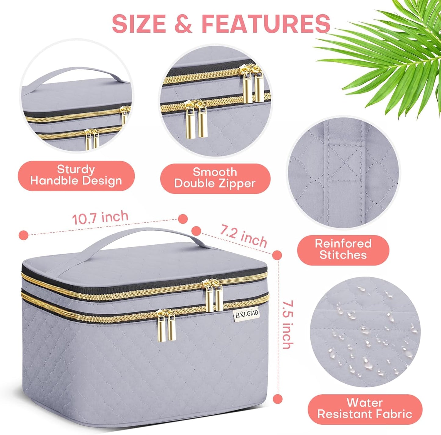 Large Makeup Bag with Mirror Double Layer Travel Make Up Organizer Case, Large Capacity Coemetic with Brush Slot Divider, Travel Toiletry Bag for Women (Grey)