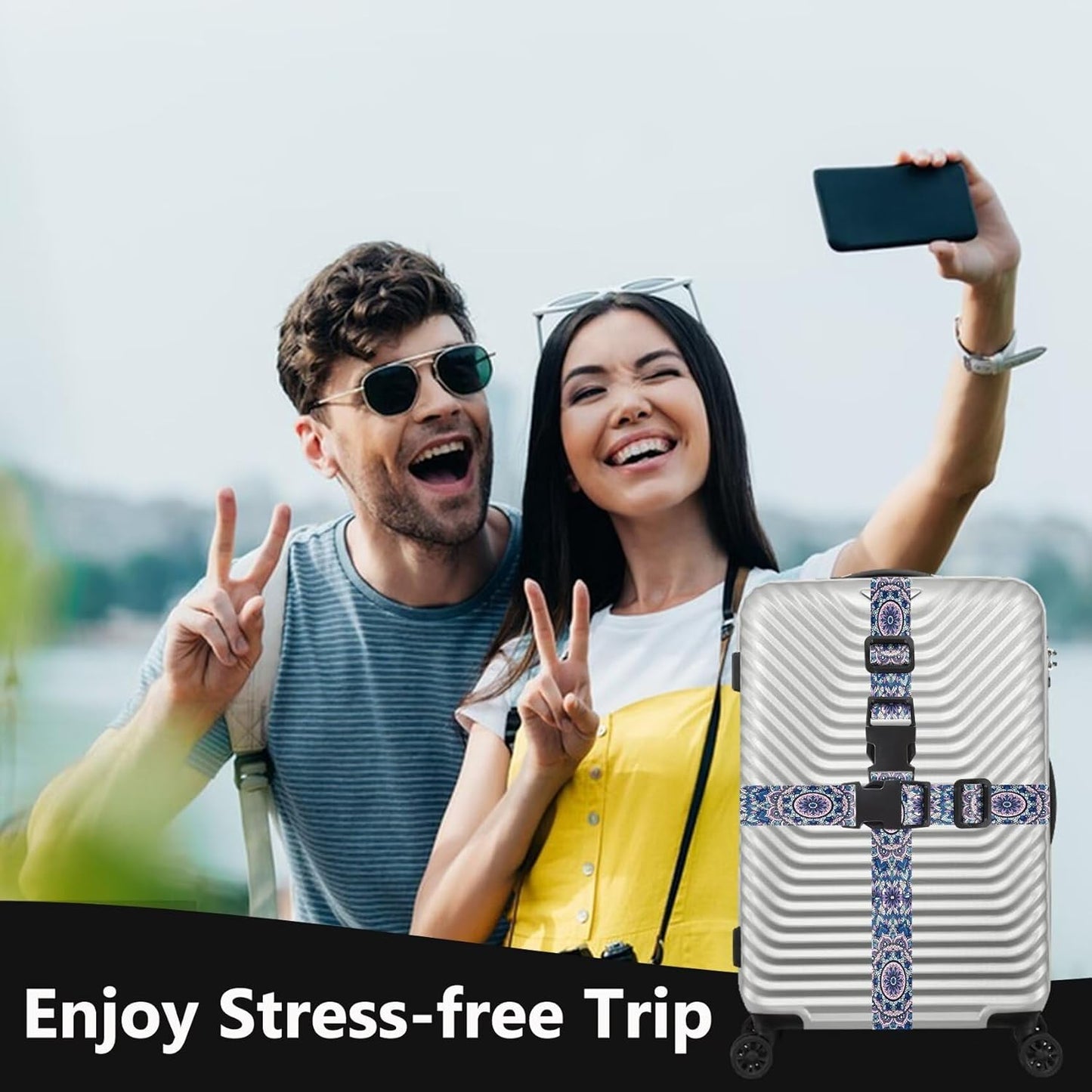 2 Pack Luggage Straps for Suitcases Adjustable Luggage Belt TSA Approved, Bright Colors Travel Packing Straps with Quick Release Buckle Unique Nylon for Sleeping Bag Car Seat, Purple Flower