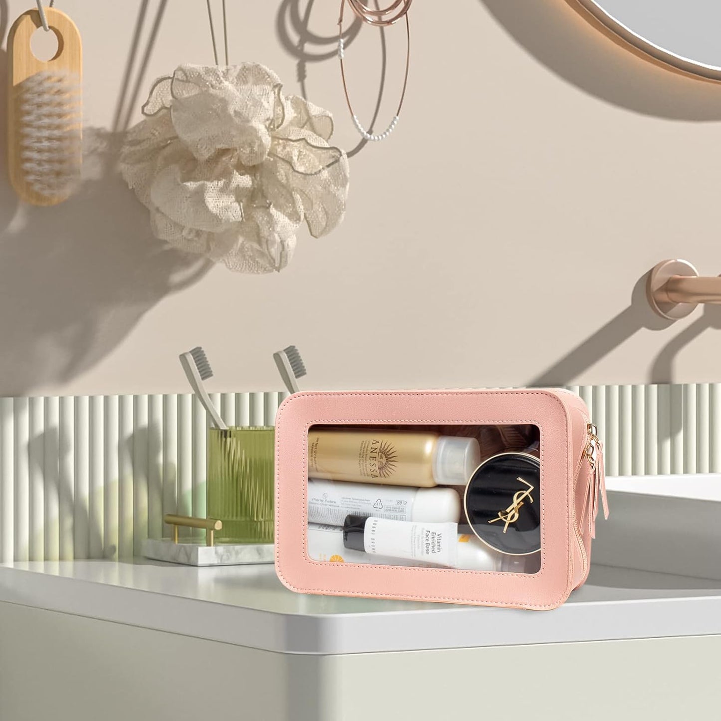 LETGO Clear Makeup Bag, TSA Approved Toiletry Organizer With Zipper, Fit Carry-on Travel Essentials, Cosmetic Bag for Women Men (O-Pink)