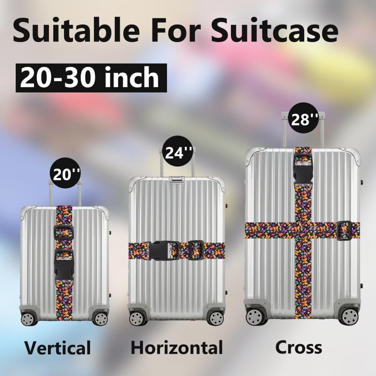 2 Pack Luggage Straps for Suitcases Adjustable Luggage Belt TSA Approved, Bright Colors Travel Packing Straps with Quick Release Buckle Unique Nylon for Sleeping Bag Car Seat, Butterfly Black