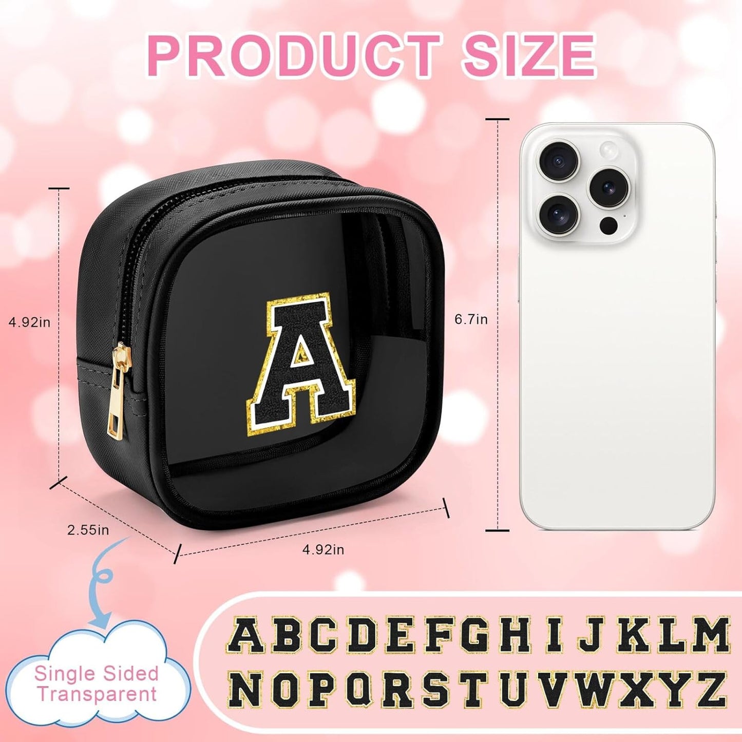 YOOLIFE Initial Makeup Bag Travel Toiletry Bag, Clear Makeup Bag Car Accessories For Women Clear Makeup Bags With Zipper Girlfriend Teacher 10 Year Old Girl Gifts Daughter Girl Gifts Mini Black T