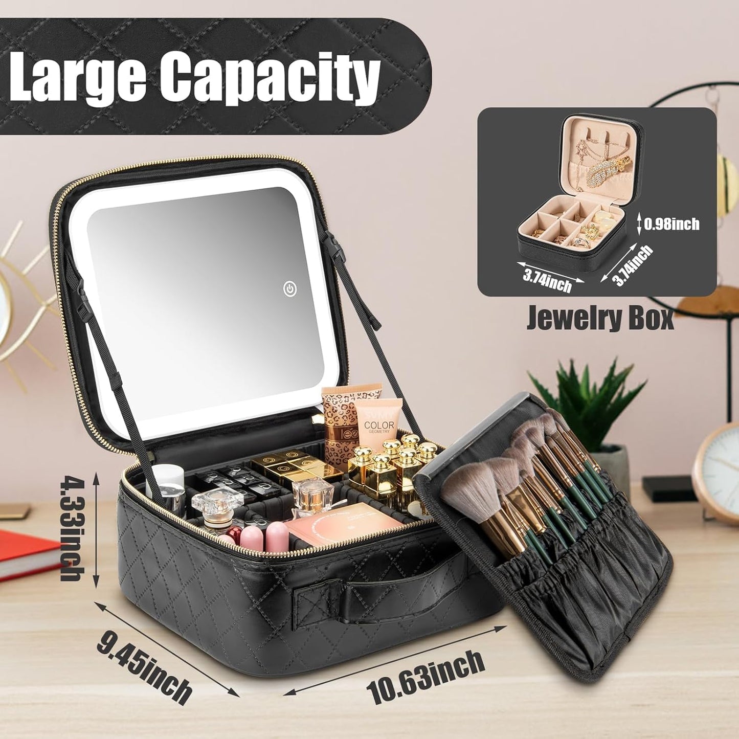 Makeup Travel Train Case with Mirror LED Light 3 Adjustable Brightness Cosmetic Bag Portable Storage Adjustable Partition Waterproof Makeup Brushes Makeup Jewelry Gift for Women