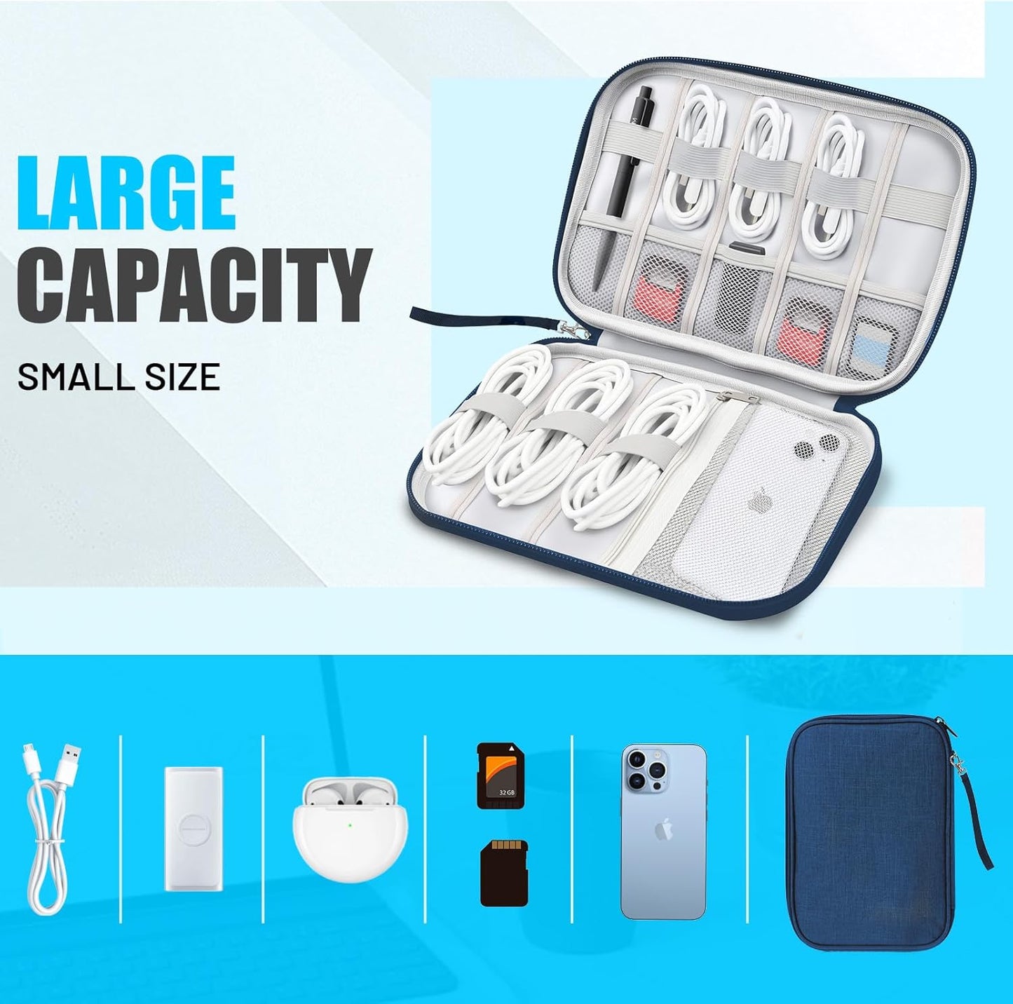 Travel Cable Organizer Bag, Electronics Organizer Tech Pouch with Double Layers for Cords, Chargers, Phone, Earphones, USBs, SD Cards - Travel Essentials Portable Waterproof Tech Pouch