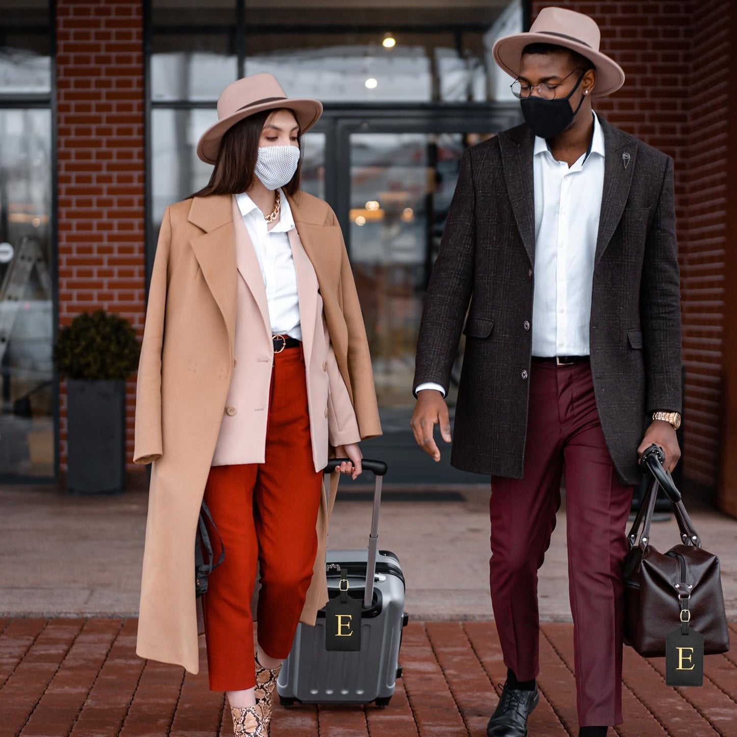 Luggage Tag PU Leather for Suitcase Baggage Handbag Travel Bag Label Suitcase Tag Suitcase Label Tag w. Name Card & Privacy Cover (E)