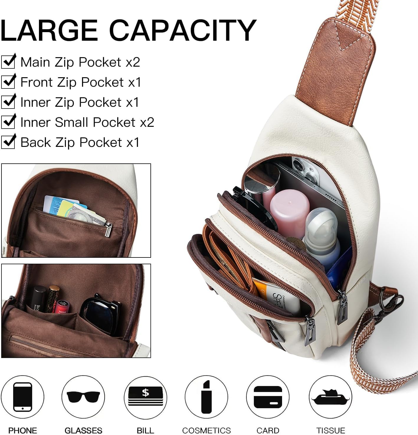 7L Sling Bag for Women Men Leather Small Sling Backpack Daypack Anti Theft Fanny Pack Crossbody Purse Travel