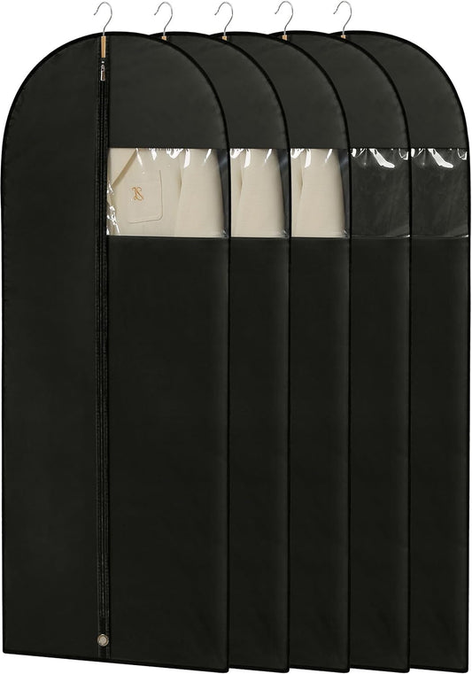 Dress Bags for Gowns, 65'' Long Garment Bags for Hanging Clothes, Dress Garment Bag, Black Dress Bag with Clear Window for Dresses, Coats, Uniforms（5 Packs）