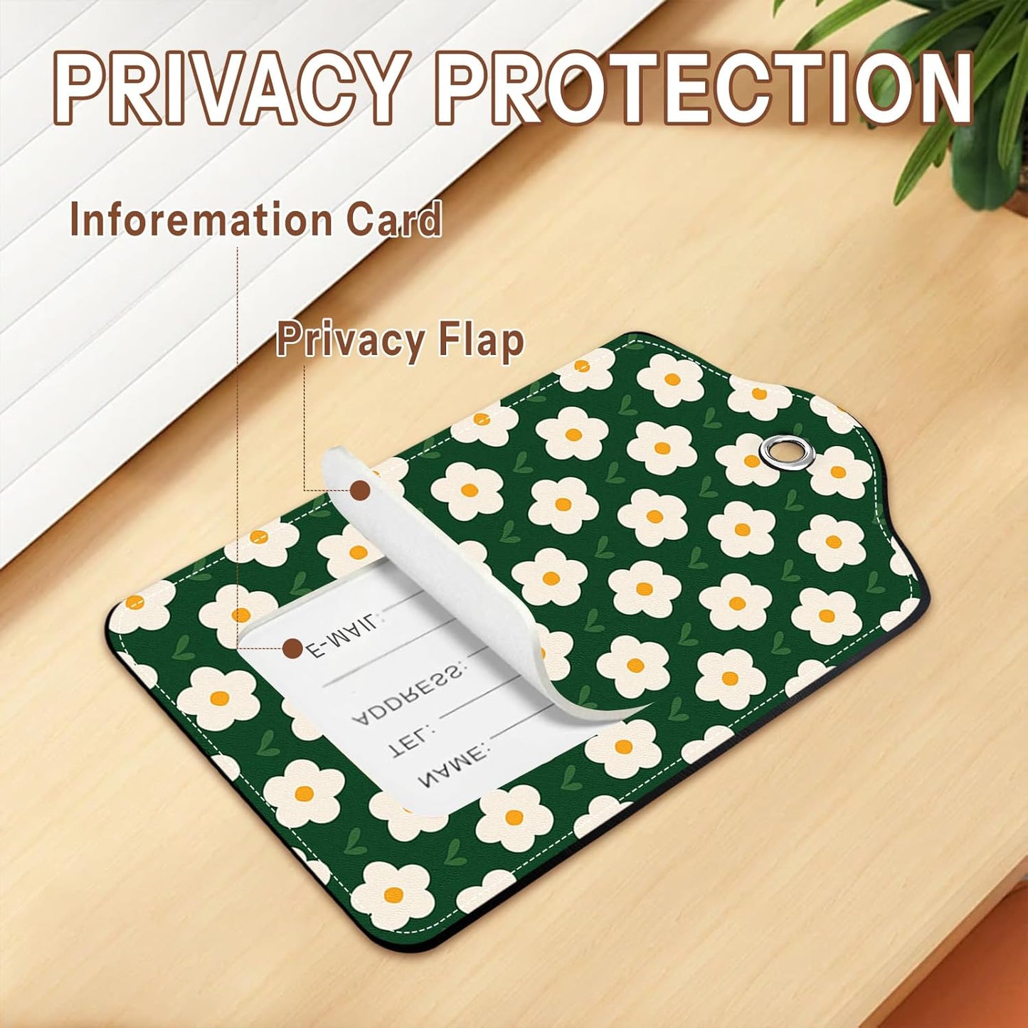 2 Pack Floral Luggage Tag for Women, Green Leather Luggage Tags for Suitcases Waterproof, Name ID Labels with Privacy Cover Suitcases Bag Luggage Tags for Travel, Travel Accessory Luggage Tag