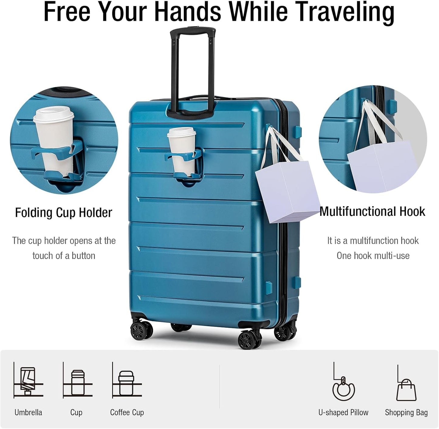 KYME Suitcases with Wheels Hardshell 30 Inch Luggage TSA Approved Large Checked Luggage Durable Travel Rolling Suitcase with Cup Holder for Women Men Light Blue