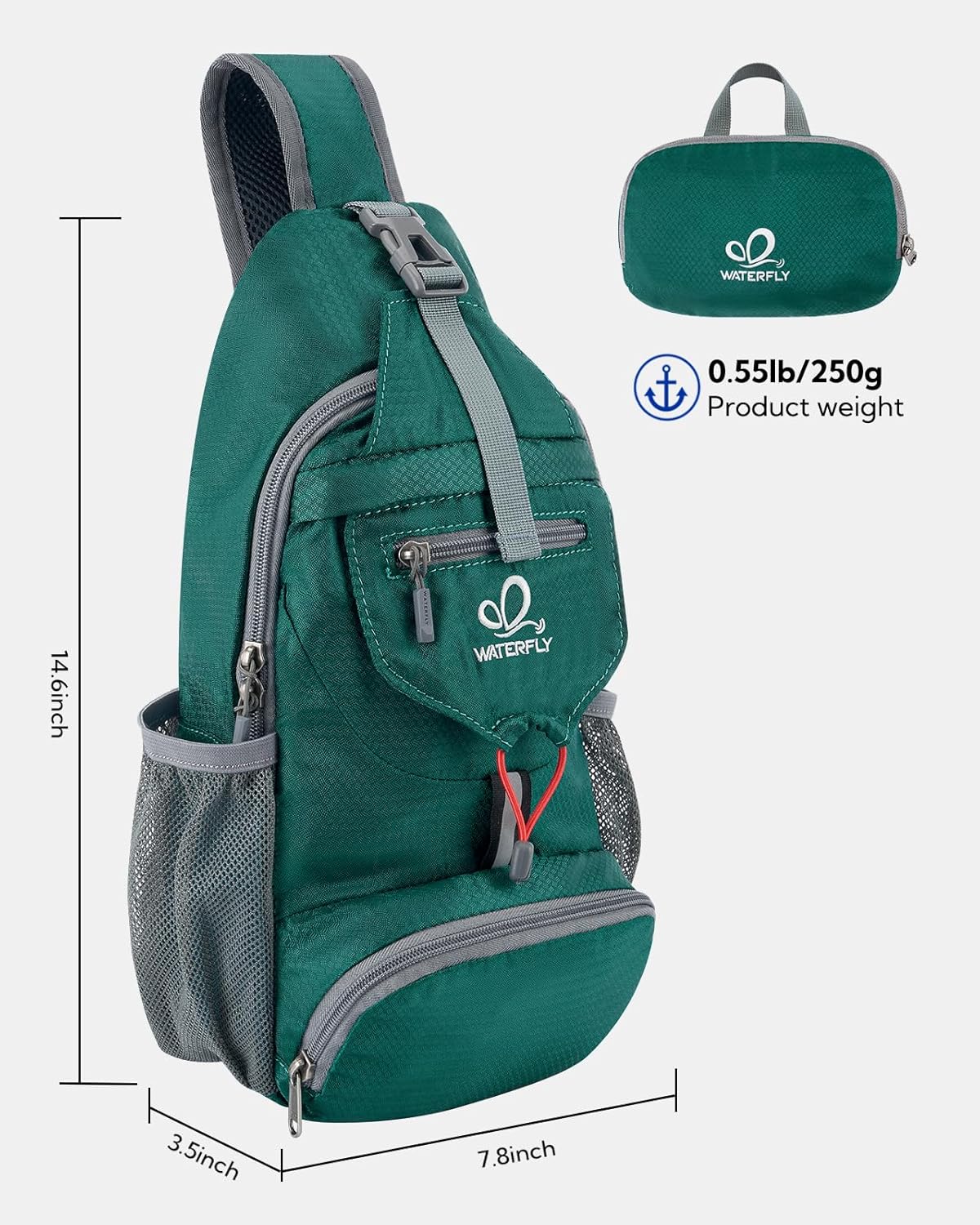 WATERFLY Packable Small Crossbody Sling Backpack Shoulder Chest Bag Daypack for Hiking Traveling