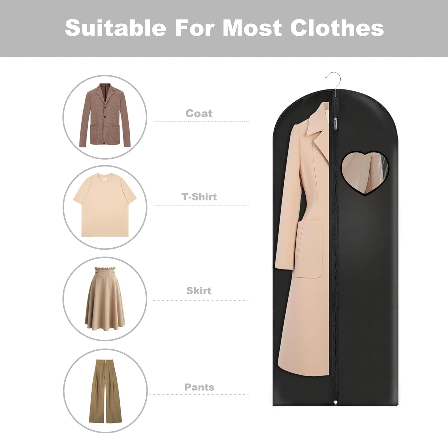 Dress Bags for Gowns Long, 45'' Garment Bags for Hanging Clothes, Suit Bag Cover for Storage and Travel, with Clear Heart Window, 2 Pack (Black)