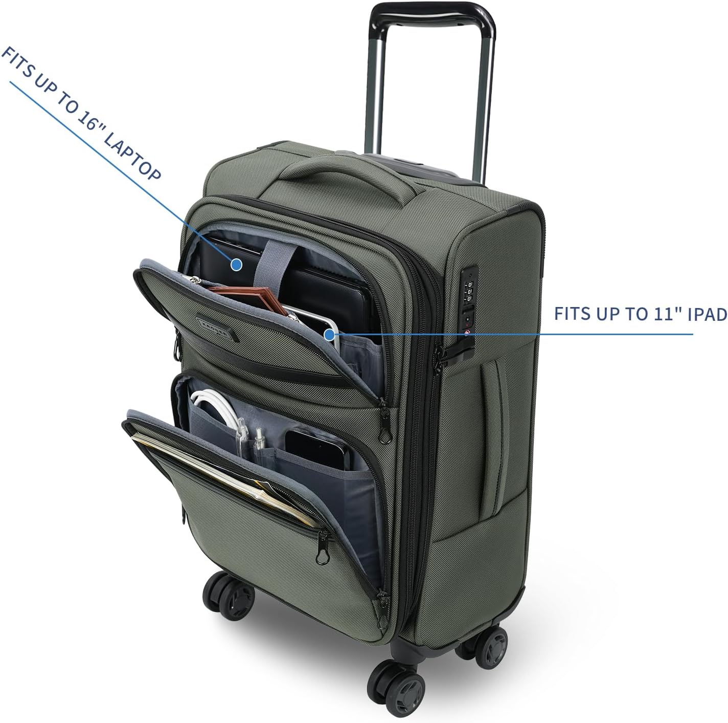 KROSER Softside Expandable Carry On Luggage with Spinner Wheels & Built-in TSA Lock, Durable Suitcase Rolling Luggage with USB Port, Carry-On 20-Inch, Army Green